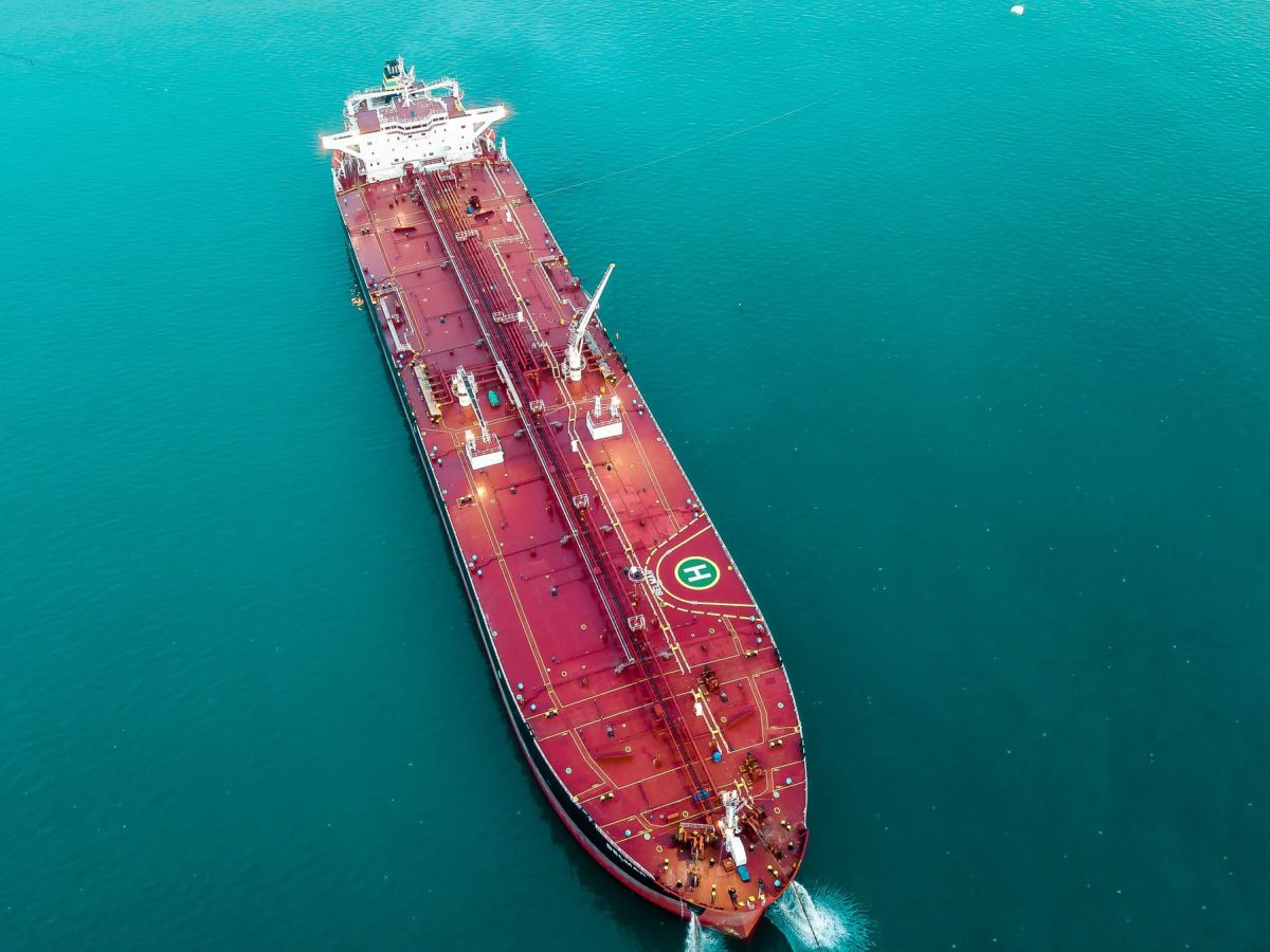 An aerial view of a laden crude oil tanker at sea